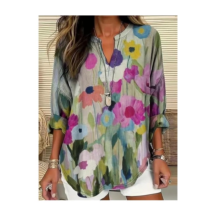 Women Floral Long Sleeve Blouse Spring/Fall Printing V Neck Daily Casual Top
