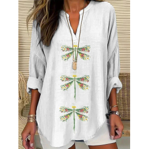 Women Dragonfly Long Sleeve Blouse Spring/Fall Printing V Neck Daily Casual Top