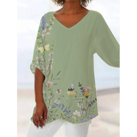 Women Floral Short Sleeve Shirt Summer Printing V Neck Daily Casual Top