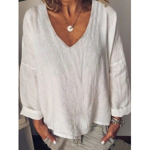 Women Plain Long Sleeve Blouse Spring/Fall V Neck Daily Casual Top