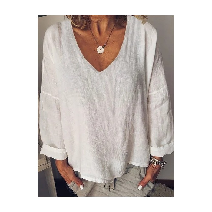 Women Plain Long Sleeve Blouse Spring/Fall V Neck Daily Casual Top