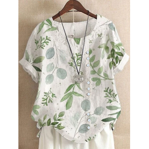 Women Floral Short Sleeve Shirt Summer Printing Crew Neck Daily Casual Top