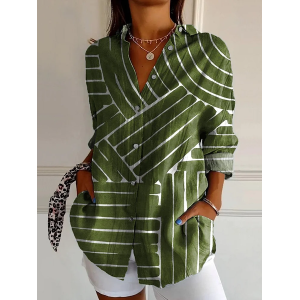 Women Striped Long Sleeve Shirt Spring/Fall Buckle Shirt Collar Daily Casual Top