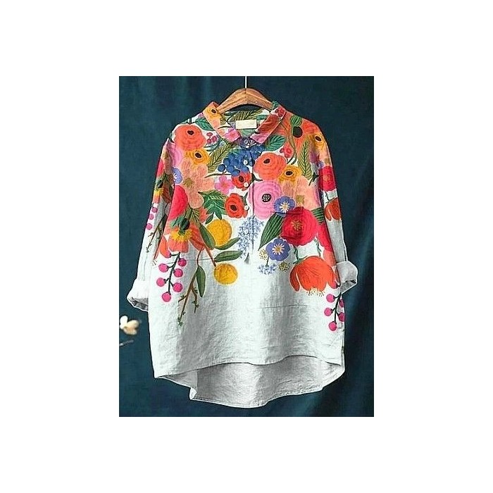 Women Floral Long Sleeve Shirt Spring/Fall Printing Shirt Collar Daily Casual Top