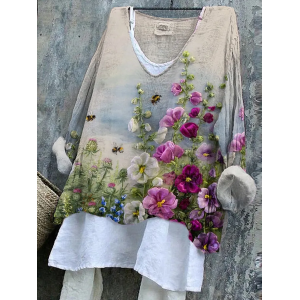 Women Floral Long Sleeve Blouse Spring/Fall Printing V Neck Daily Casual Top