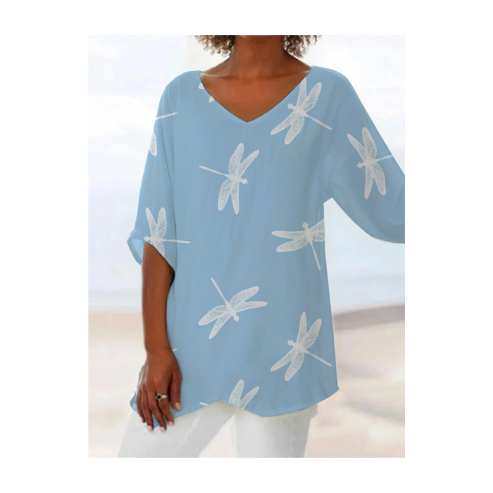 Women Dragonfly Short Sleeve Shirt Summer Printing V Neck Daily Casual Top
