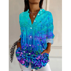 Women Floral Long Sleeve Shirt Spring/Fall Buckle Shirt Collar Daily Casual Top
