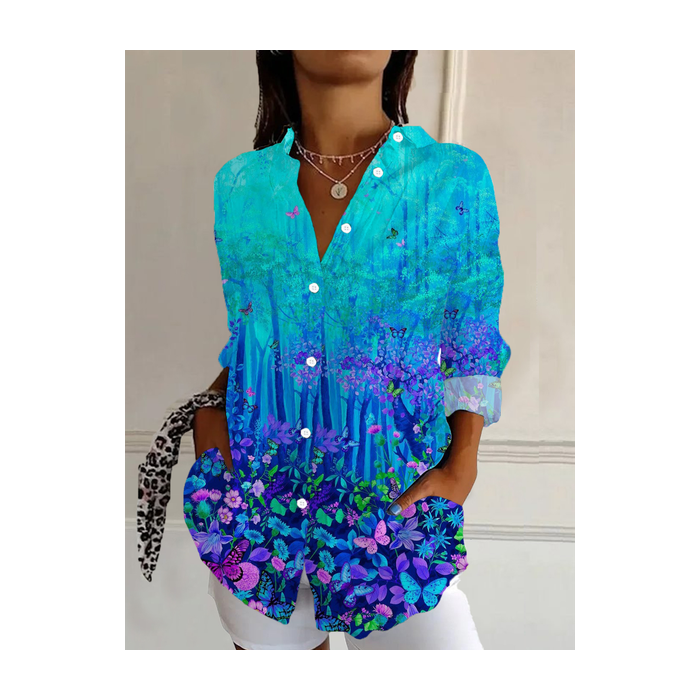 Women Floral Long Sleeve Shirt Spring/Fall Buckle Shirt Collar Daily Casual Top
