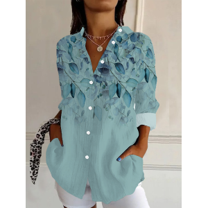 Women Floral Long Sleeve Shirt Spring/Fall Buckle Shirt Collar Daily Casual Top