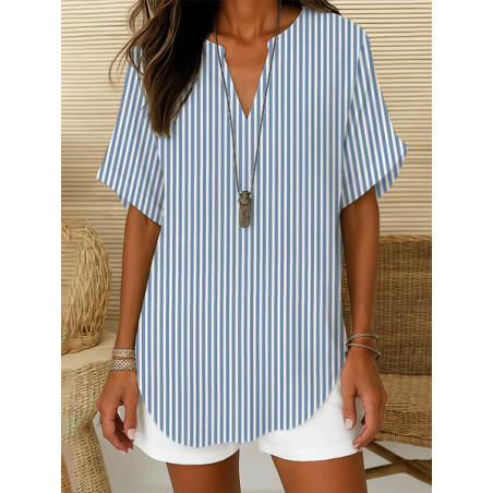Women Striped Short Sleeve Shirt Summer Printing V Neck Daily Casual Top