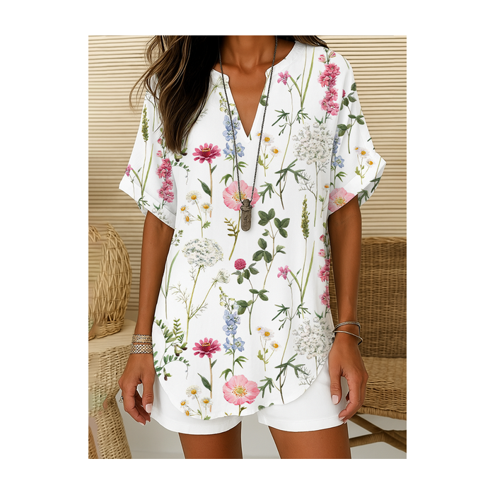 Women Floral Short Sleeve Shirt Summer Printing V Neck Daily Casual Top