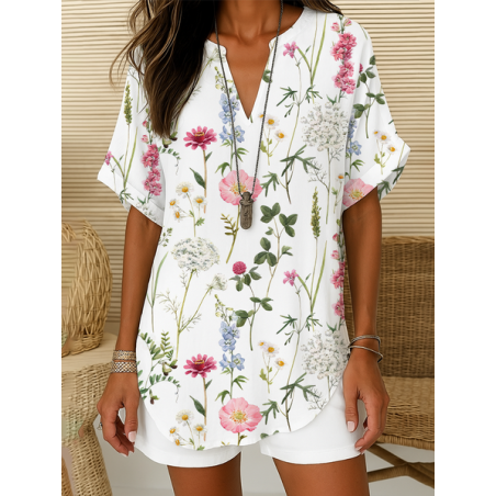 Women Floral Short Sleeve Shirt Summer Printing V Neck Daily Casual Top