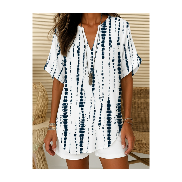 Women Striped Short Sleeve Shirt Summer Printing V Neck Daily Casual Top