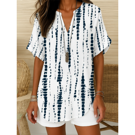 Women Striped Short Sleeve Shirt Summer Printing V Neck Daily Casual Top