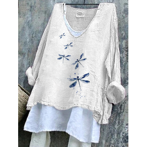 Women Dragonfly Long Sleeve Blouse Spring/Fall Printing V Neck Daily Casual Top