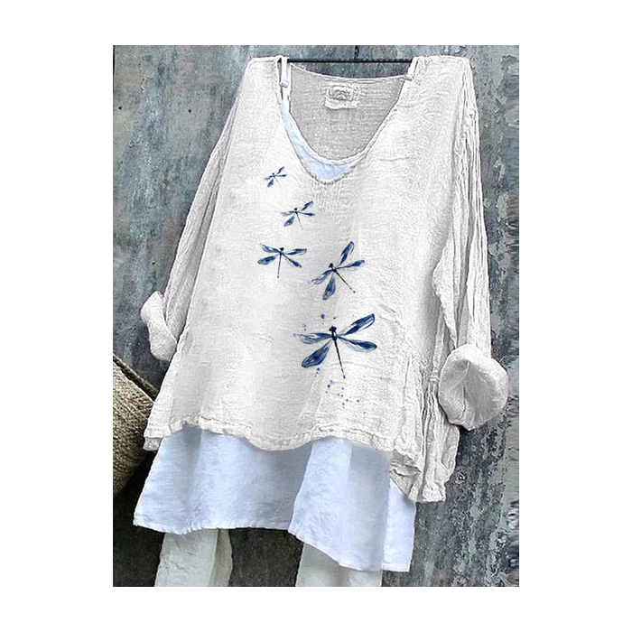 Women Dragonfly Long Sleeve Blouse Spring/Fall Printing V Neck Daily Casual Top