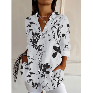 Women Floral Long Sleeve Shirt Spring/Fall Buckle Shirt Collar Daily Casual Top