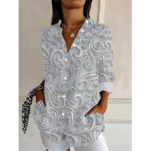 Women Floral Long Sleeve Shirt Spring/Fall Buckle Shirt Collar Daily Casual Top