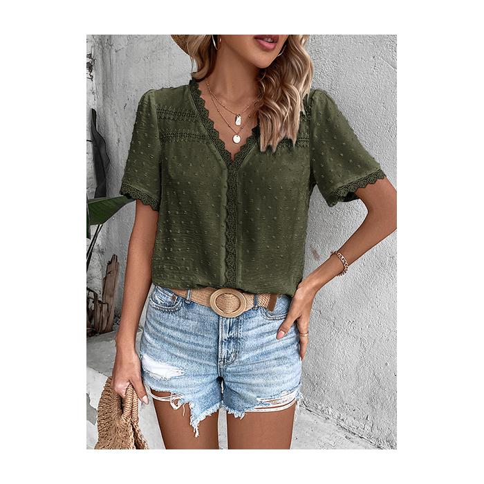 Women Polka Dots Short Sleeve Shirt Summer V Neck Daily Casual Top