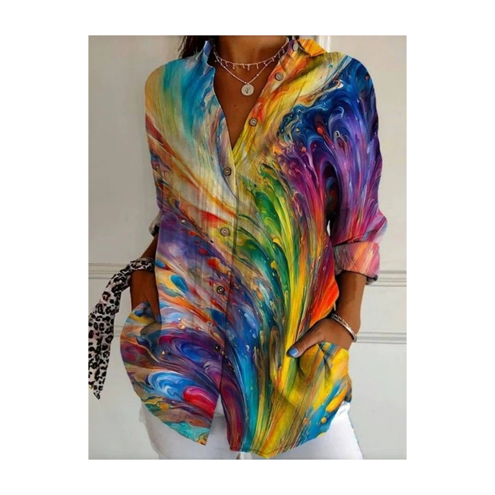 Women Abstract Long Sleeve Shirt Spring/Fall Buckle Shirt Collar Daily Casual Top