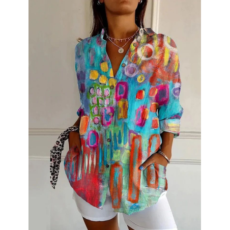 Women Abstract Long Sleeve Shirt Spring/Fall Buckle Shirt Collar Daily Casual Top