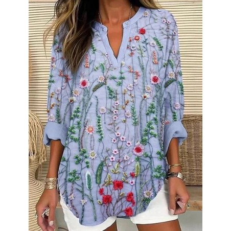Women Floral Long Sleeve Blouse Spring/Fall Printing V Neck Daily Casual Top