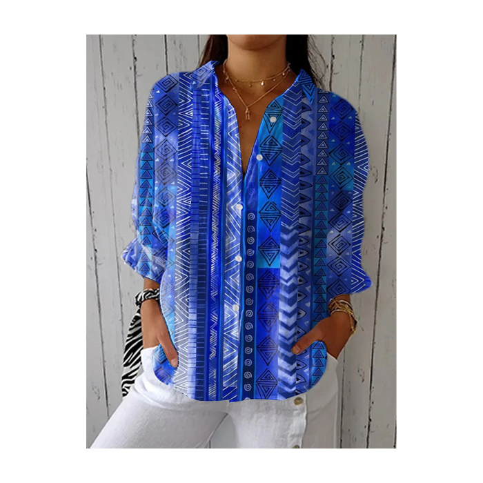 Women Geometric Three Quarter Sleeve Shirt Spring/Fall Printing Shirt Collar Daily Casual Top
