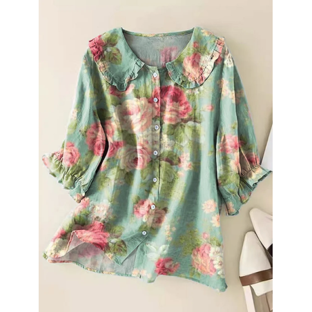 Women Floral Short Sleeve Shirt Summer Printing Shawl Collar Daily Casual Top