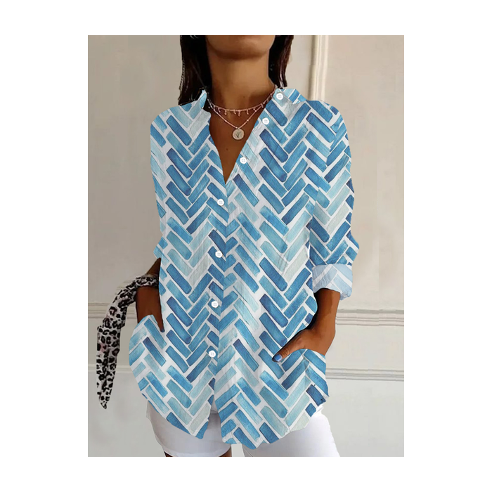 Women Geometric Long Sleeve Shirt Spring/Fall Buckle Shirt Collar Daily Casual Top