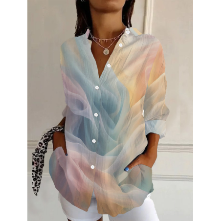 Women Ombre Long Sleeve Shirt Spring/Fall Buckle Shirt Collar Daily Casual Top