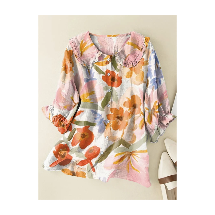 Women Floral Short Sleeve Shirt Summer Printing Shawl Collar Daily Casual Top