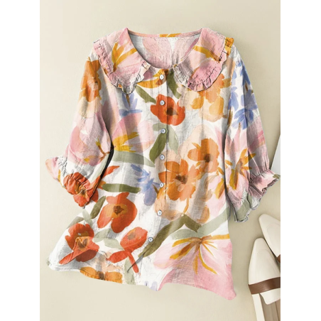 Women Floral Short Sleeve Shirt Summer Printing Shawl Collar Daily Casual Top
