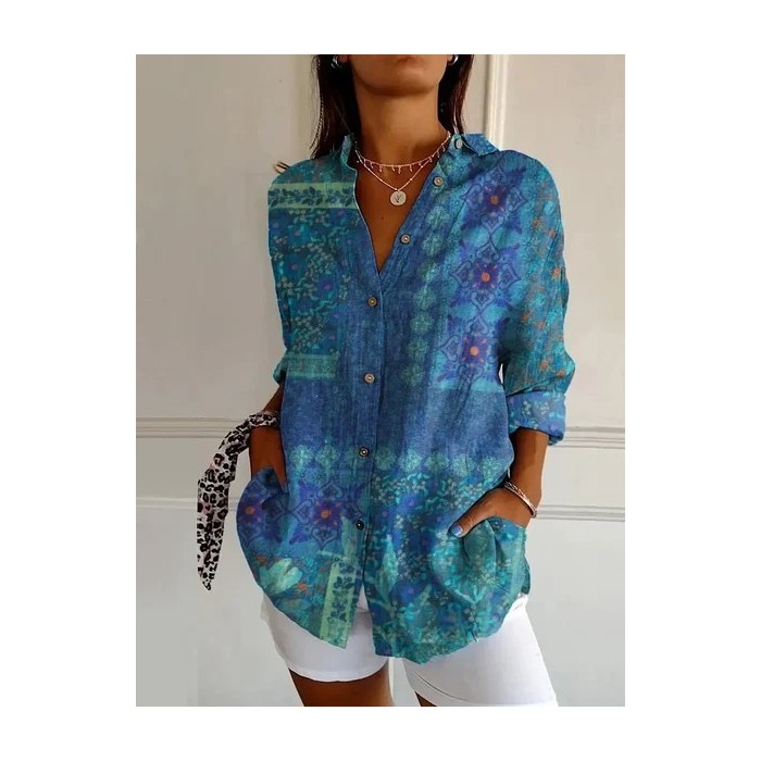 Women Floral Long Sleeve Shirt Spring/Fall Buckle Shirt Collar Daily Casual Top