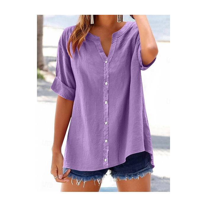 Women Plain Short Sleeve Shirt Summer V Neck Daily Casual Top