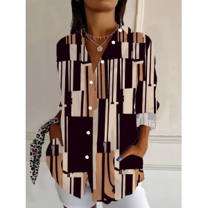 Women Geometric Long Sleeve Shirt Spring/Fall Buckle Shirt Collar Daily Casual Top