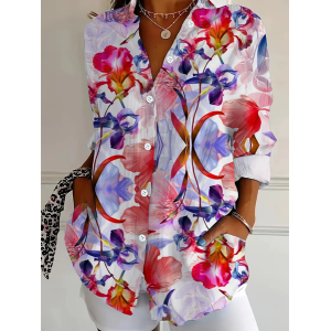 Women Floral Long Sleeve Shirt Spring/Fall Buckle Shirt Collar Daily Casual Top