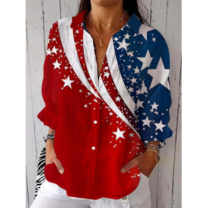 Women Independence Day (Flag) Three Quarter Sleeve Shirt Spring/Fall Printing Shirt Collar Daily Casual Top