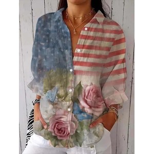 Women Floral Three Quarter Sleeve Shirt Spring/Fall Printing Shirt Collar Daily Casual Top