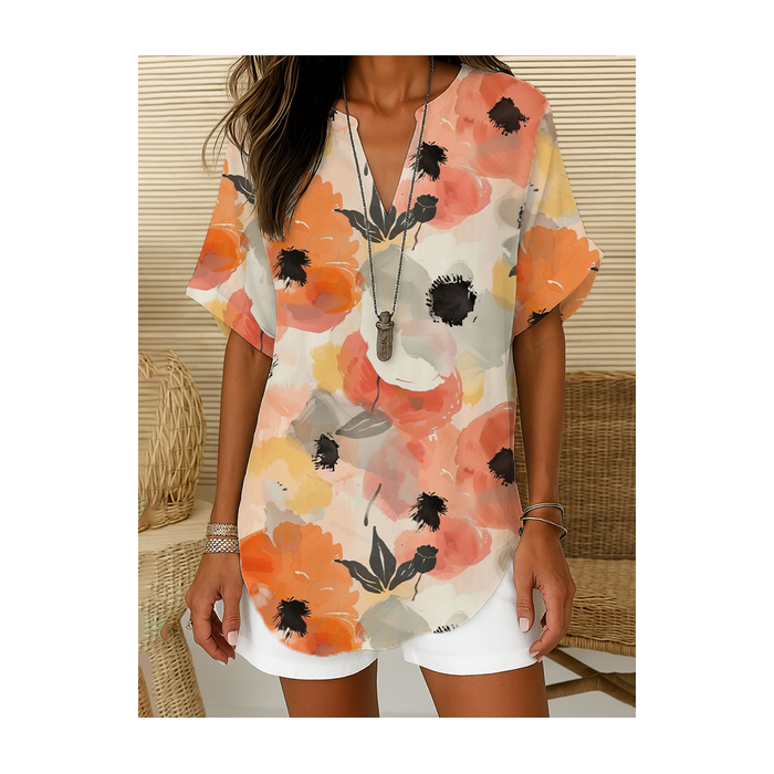 Women Floral Short Sleeve Shirt Summer Printing V Neck Daily Casual Top