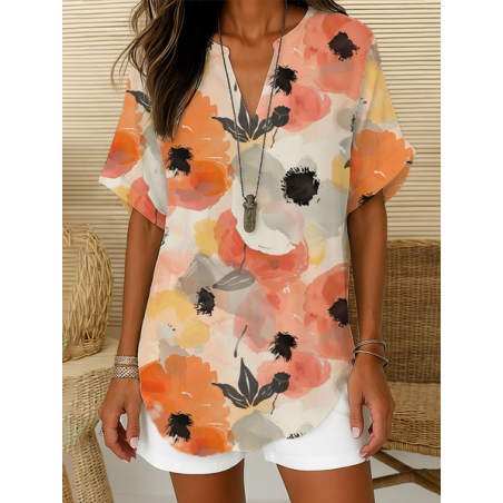Women Floral Short Sleeve Shirt Summer Printing V Neck Daily Casual Top