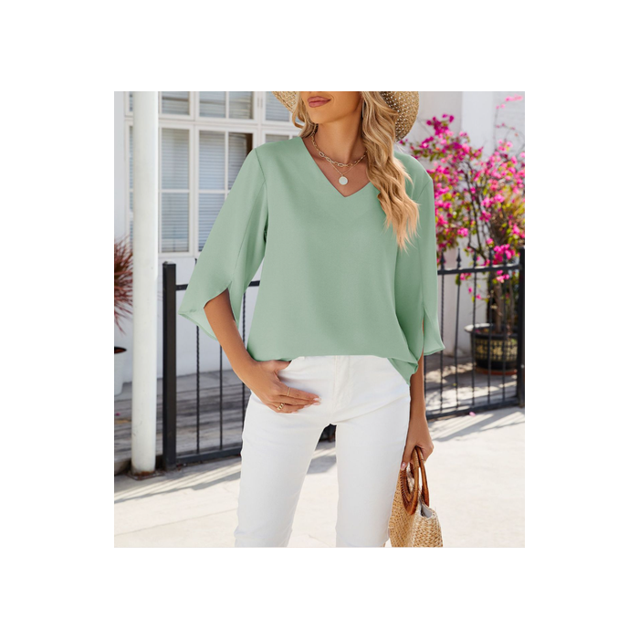 Women Plain Half Sleeve Shirt Summer Split Joint V Neck Daily Casual Top