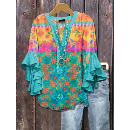Women Floral Half Sleeve Shirt Summer Printing V Neck Daily Casual Top