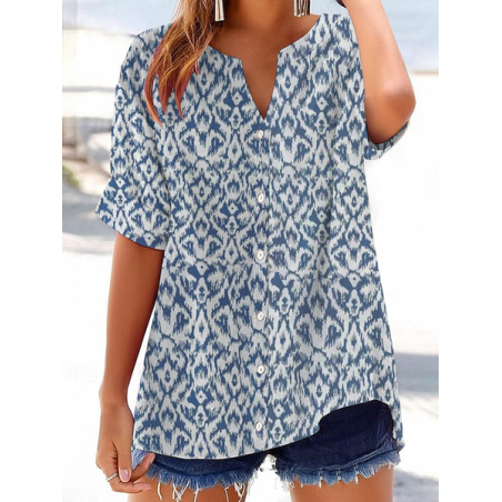 Women Abstract Short Sleeve Shirt Summer Printing V Neck Daily Casual Top