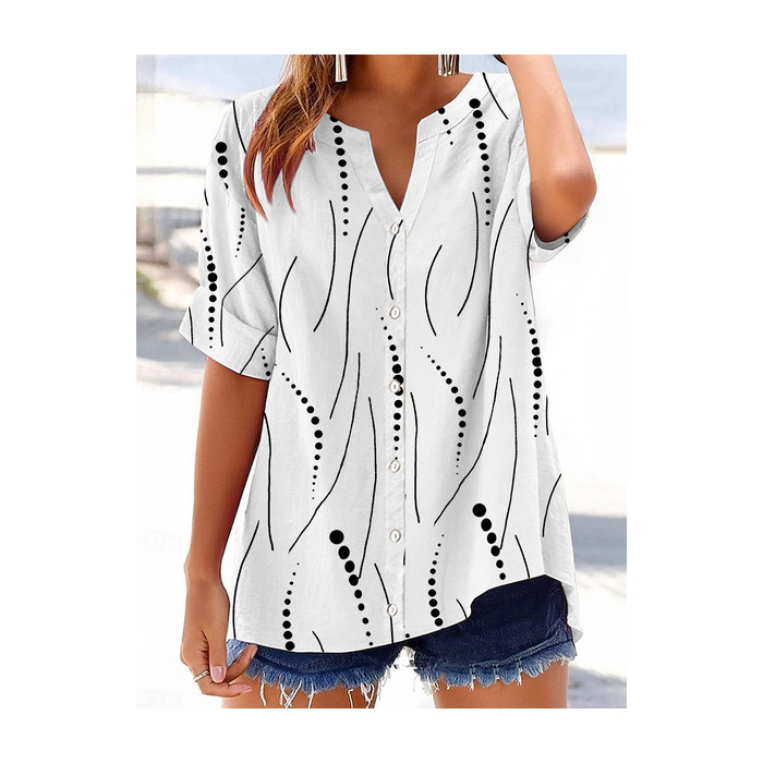 Women Striped Short Sleeve Shirt Summer Printing V Neck Daily Casual Top