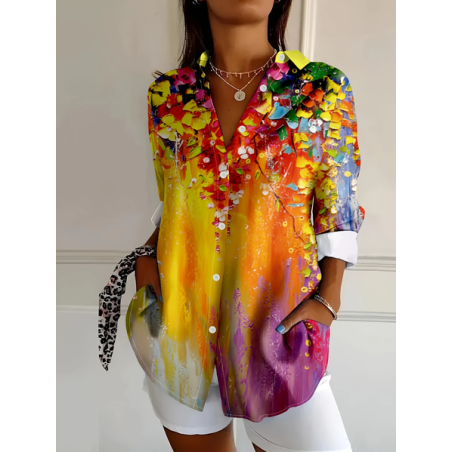 Women Floral Long Sleeve Shirt Spring/Fall Buckle Shirt Collar Daily Casual Top