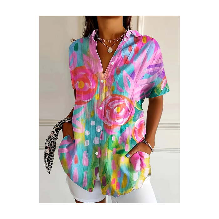 Women Floral Short Sleeve Shirt Summer Printing Shirt Collar Daily Casual Top
