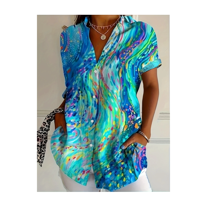 Women Abstract Short Sleeve Shirt Summer Printing Shirt Collar Daily Casual Top