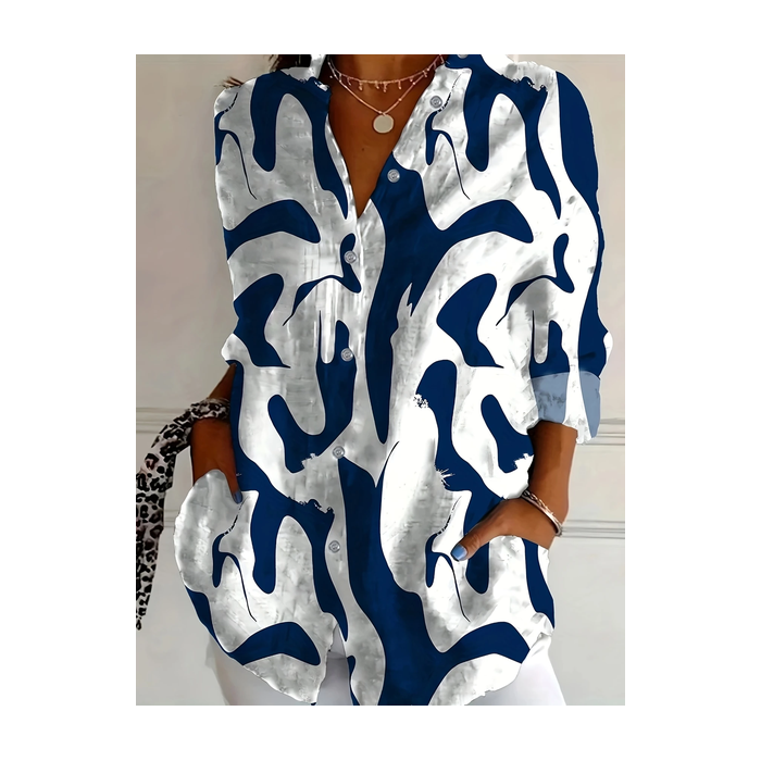 Women Abstract Long Sleeve Shirt Spring/Fall Buckle Shirt Collar Daily Casual Top