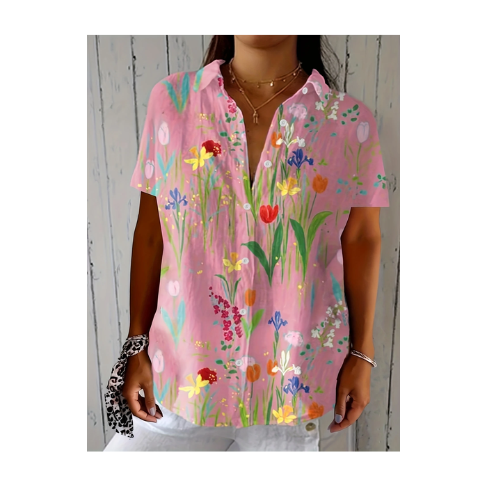 Women Floral Short Sleeve Shirt Summer Printing Shirt Collar Daily Casual Top