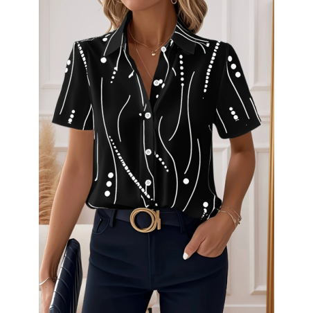 Women Abstract Stripes Short Sleeve Shirt Summer Printing Shirt Collar Daily Casual Top